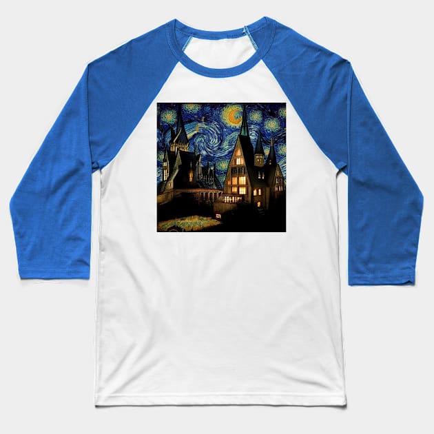 Starry Night Wizarding School Van Gogh Baseball T-Shirt by Grassroots Green